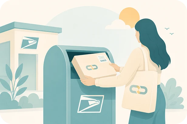 A traveler dropping the prepaid Noomi envelope into a US mailbox