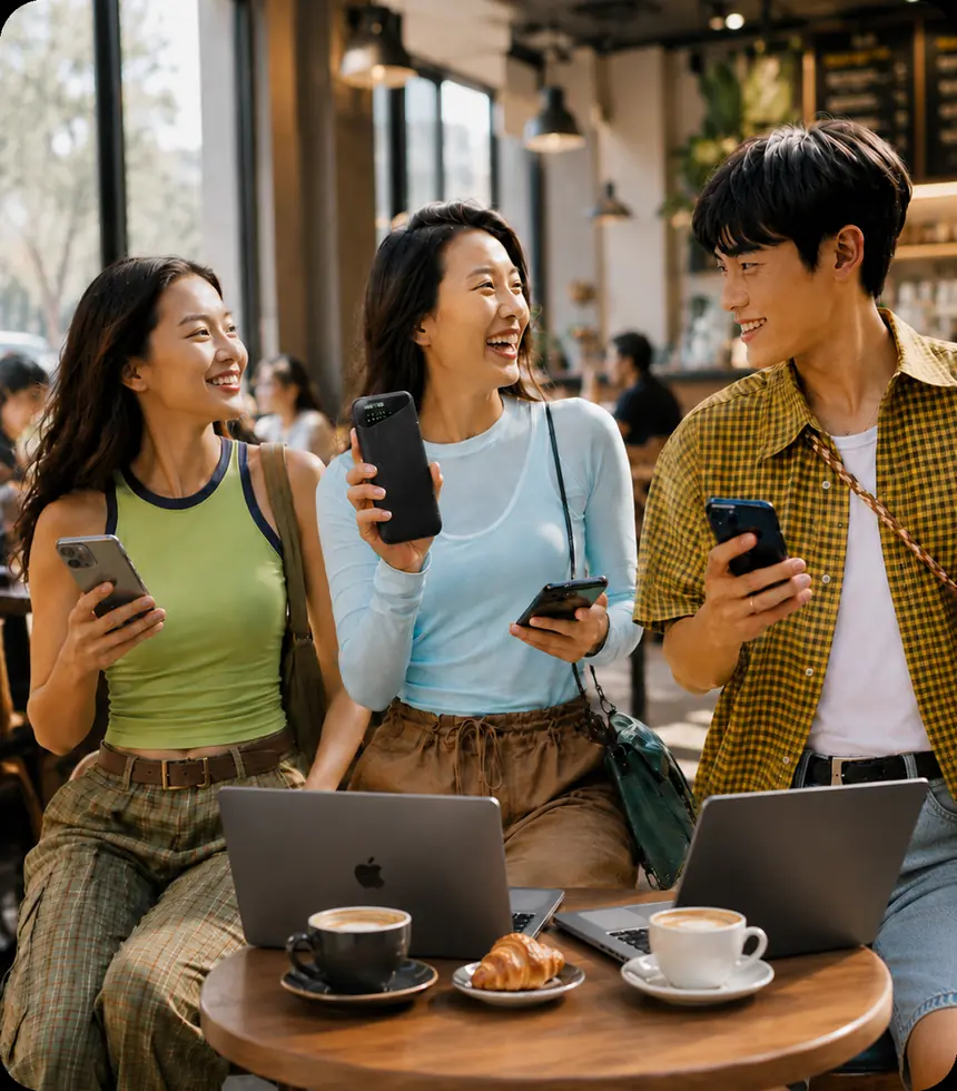 Three friends at a café table with laptops and phones, one holding a Noomi pocket Wi-Fi