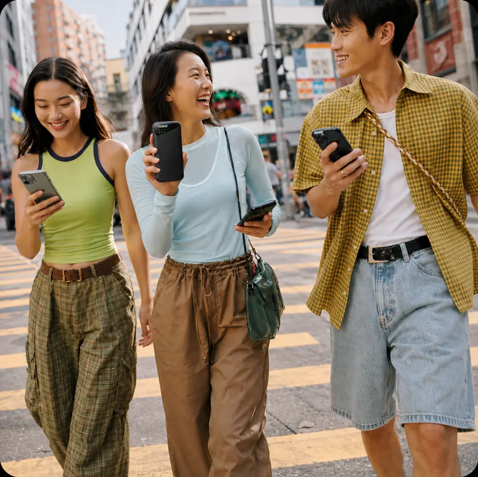 Three friends crossing a city street with their phones, one carrying a Noomi pocket Wi-Fi