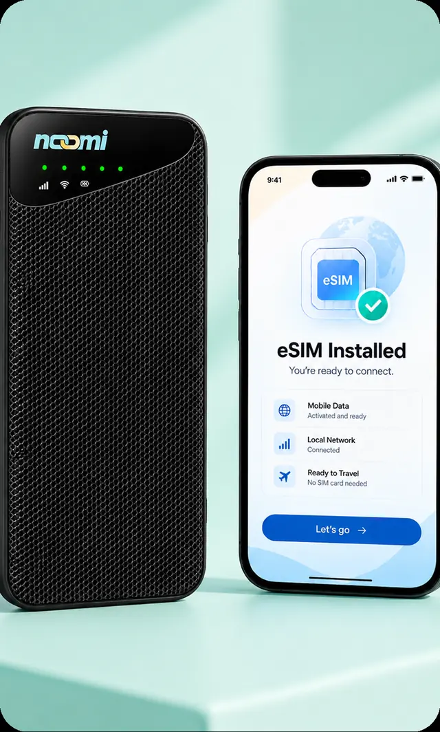 A Noomi pocket Wi-Fi next to a phone showing an installed eSIM